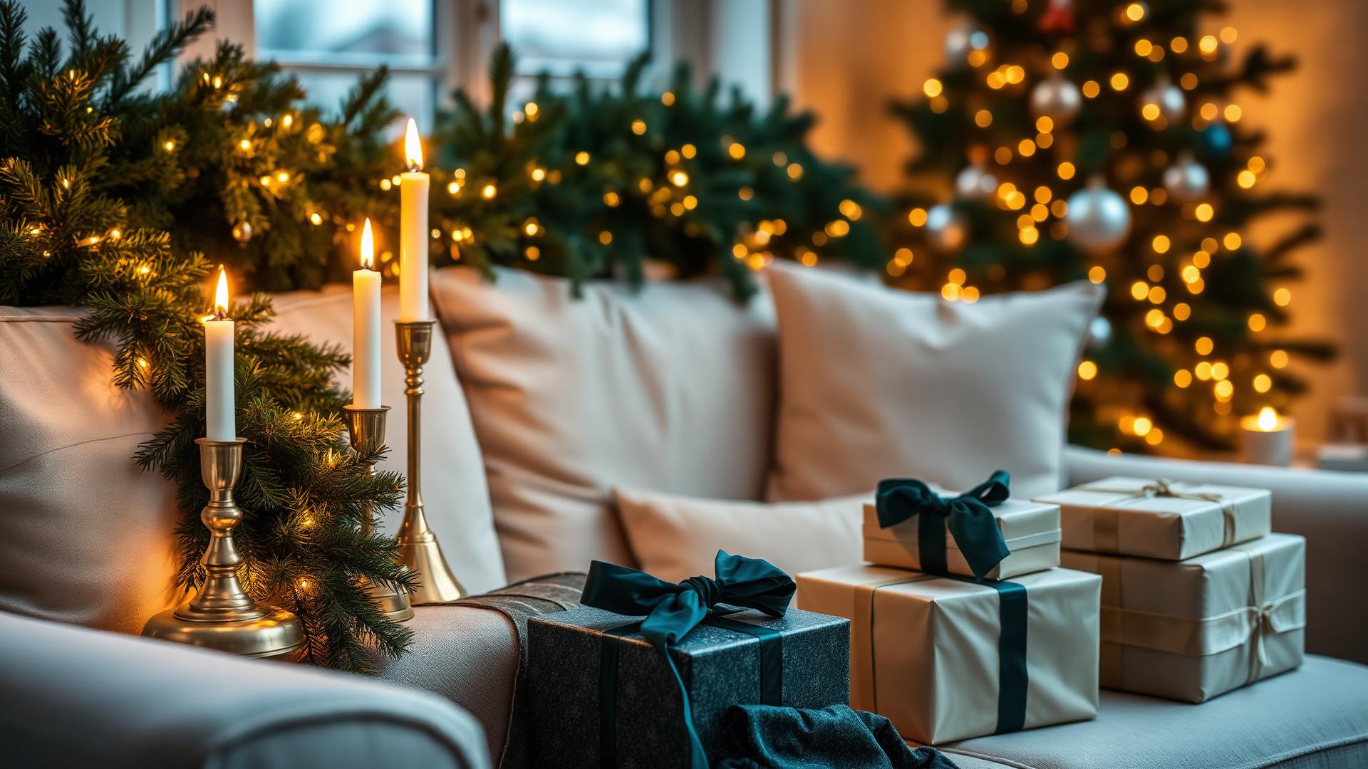 A warmly lit, elegantly decorated Christmas living room with a glowing tree