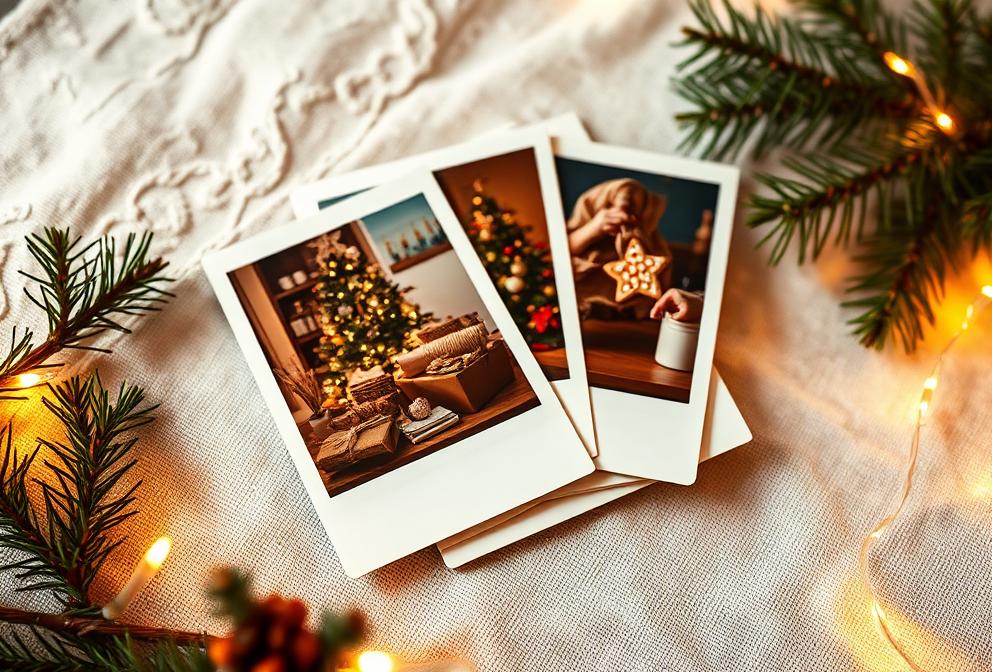 A stack of instant photos beside evergreen, a gold bauble and warm Christmas lights